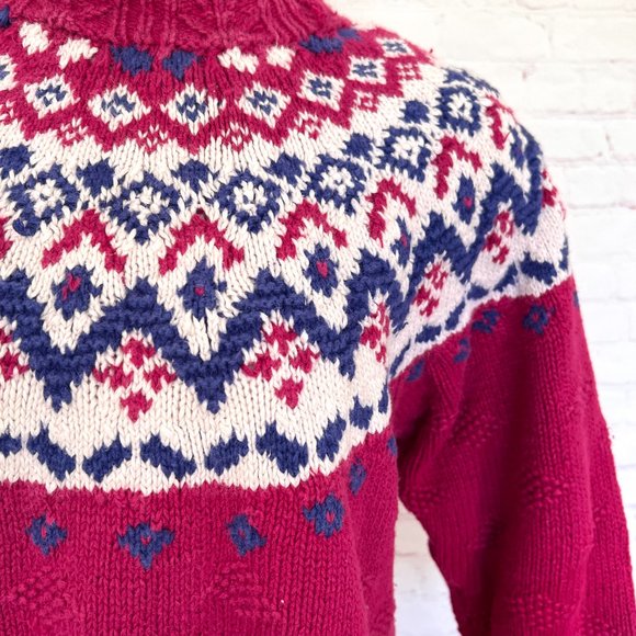80's Izod Pullover - Pink Fair Isle - Size Small - Handknit - Picture 3 of 8